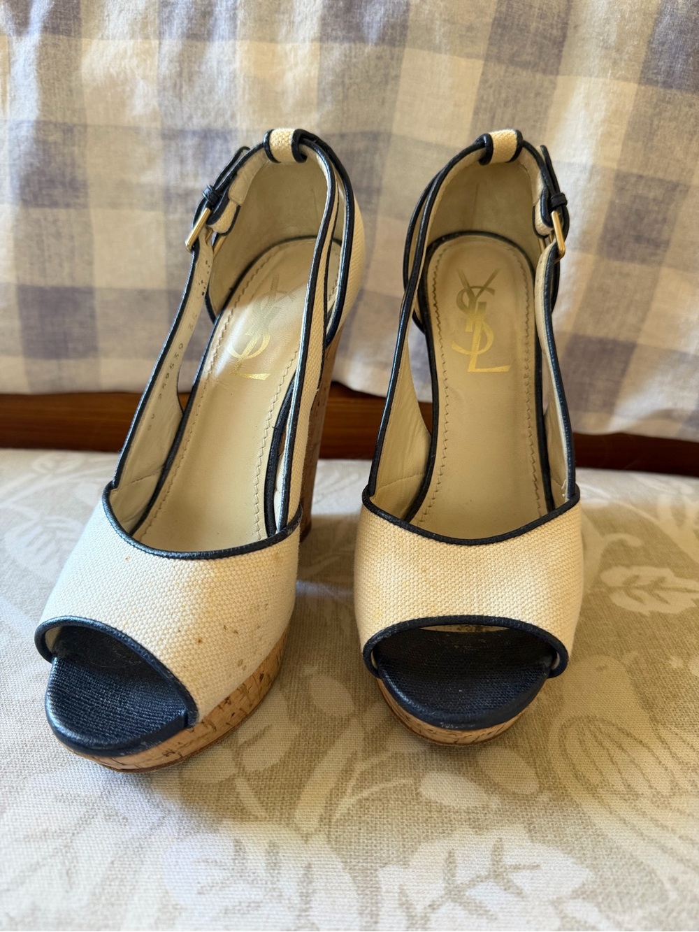YSL Canvas Cork Wedge Sandals - Picture 2 of 3